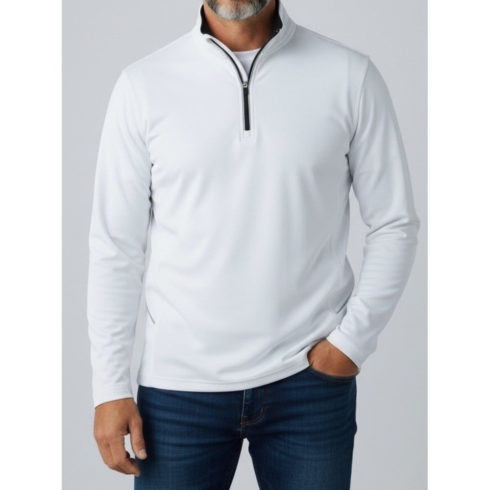 ULTRACLUB M Quarter Zip Pullover Mens White Cool Dry 8230 Pockets Black Trim